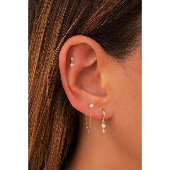 Dainty Hypoallergenic 14K Gold Plated Small Drop Chain Hoops Trendy Earring Set - Picture 3 of 7